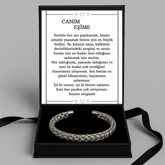 “Canım Eşime” Gümüş Örgü Model Bileklik