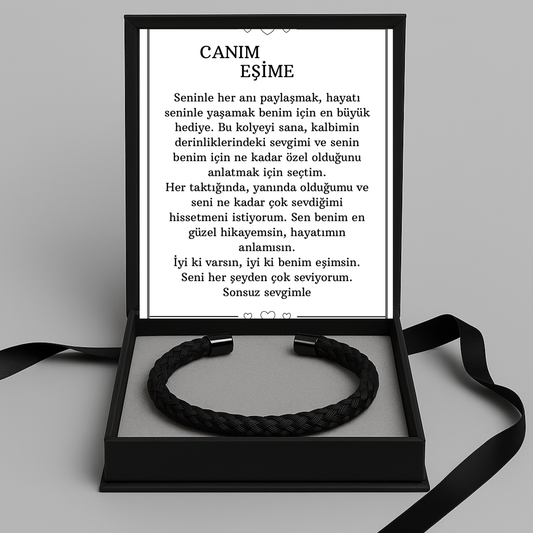 “Canım Eşime” Siyah Örgü Model Bileklik