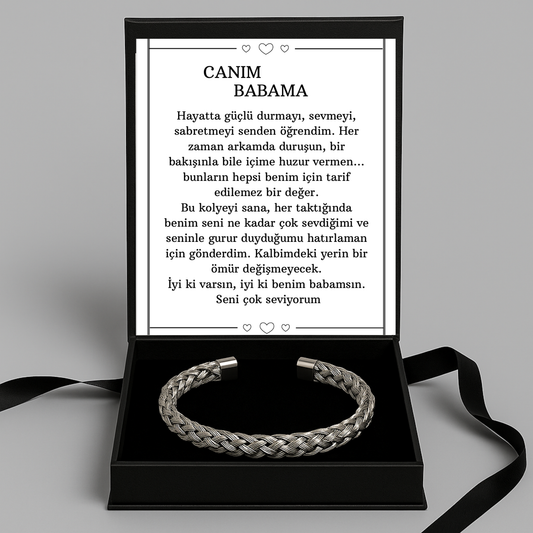 “Canım Babama” Gümüş Örgü Model Bileklik