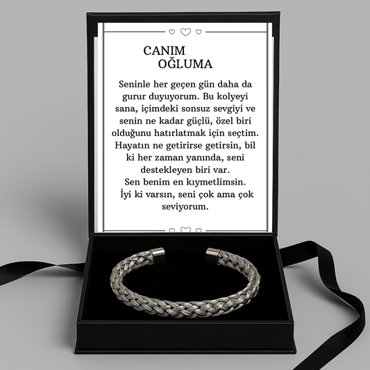 “Canım Oğluma” Gümüş Örgü Model Bileklik