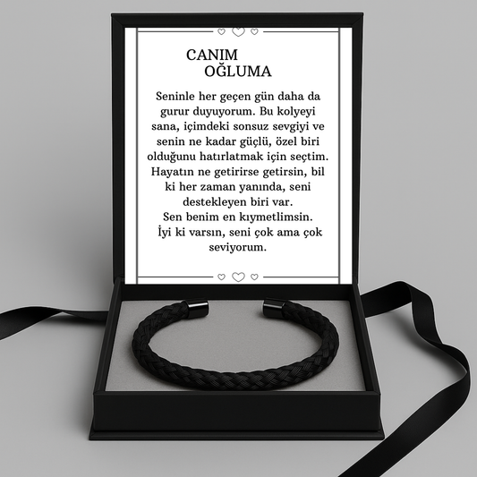 “Canım Oğluma” Siyah Örgü Model Bileklik
