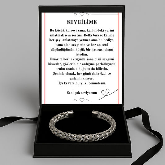 “Sevgilime” Gümüş Örgü Model Bileklik